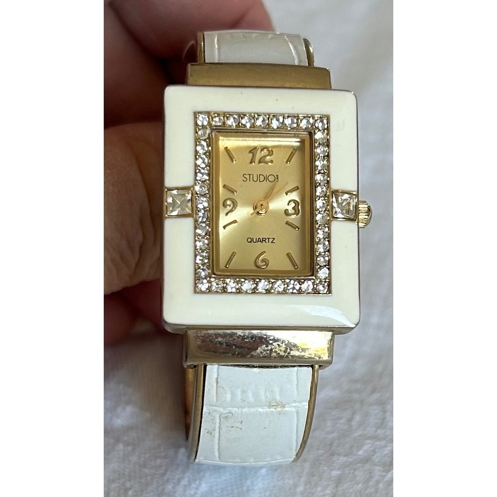 Studio Time Womens Watch Gold Tone White Cuff Bracelet Rhinestone Vinyage